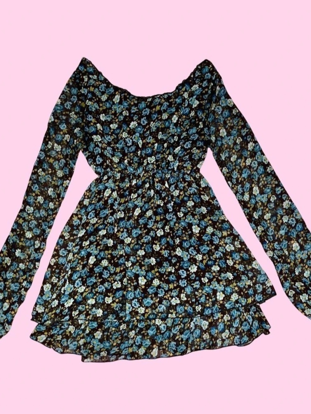 Floral Long Sleeve Mini in Black & Blue Like New